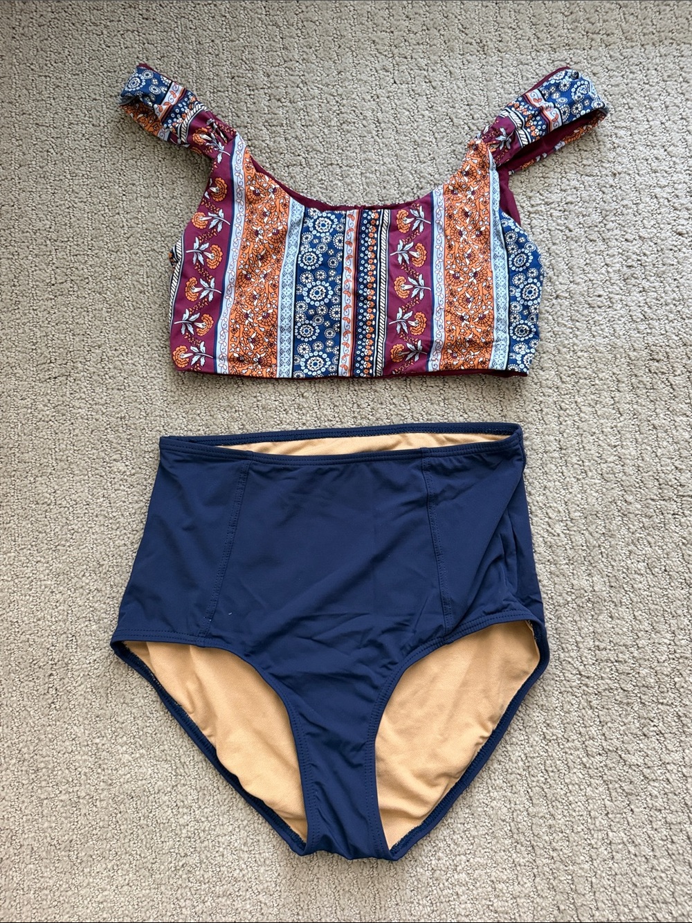 Woman’s Two-Piece High-Waist Swim Set in Navy and Multi-Color